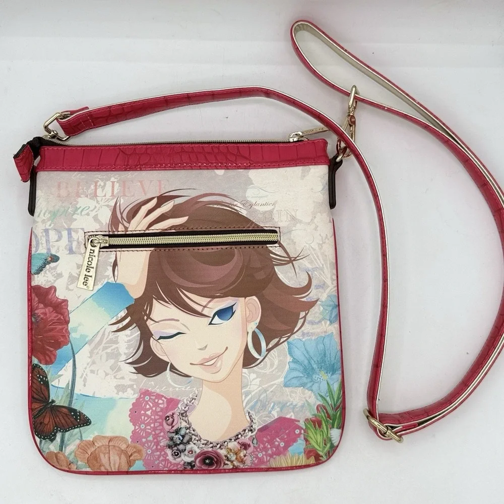 New Without Tags Nicole Lee Cross Body Winking Girl Butterfly Flower Purse White